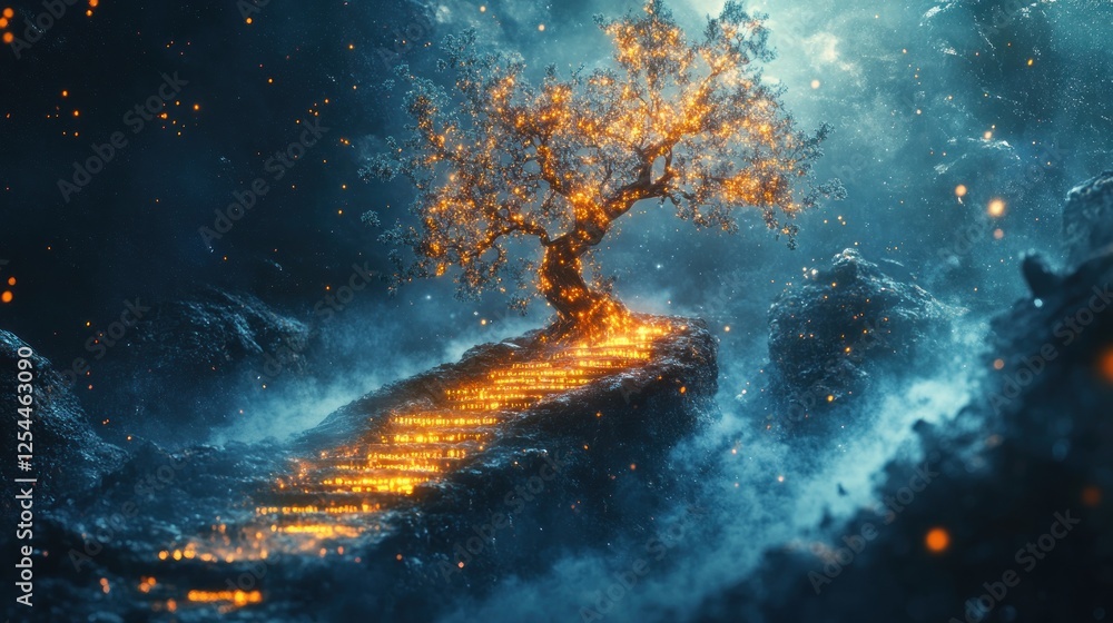 Obraz premium Fiery Tree, Staircase, Fantasy Landscape, Night, Magic