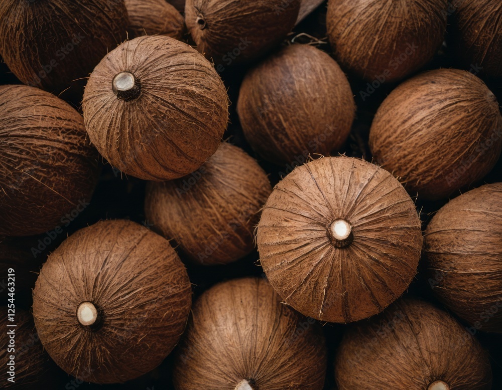 Lots of coconuts, top view. Background for poster, advertising, cover. Culinary concept.