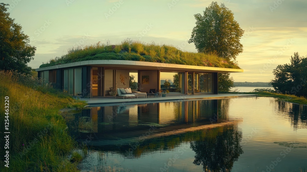 Fototapeta premium Lakeside green roof home sunset infinity pool