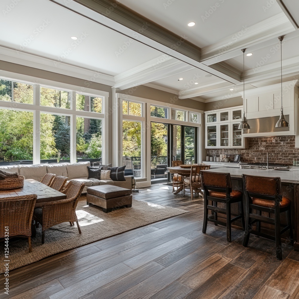 Fototapeta premium Open-plan kitchen-living room, autumn light, hardwood floors, luxury home interior