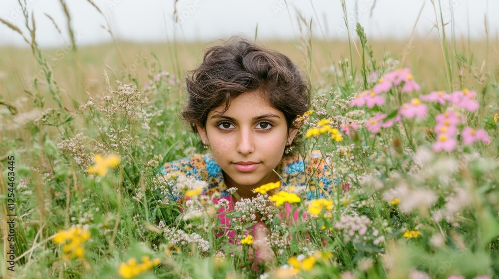 Fototapeta premium Girl, wildflowers, field, portrait, summer, nature, happy, serene, outdoor, photography