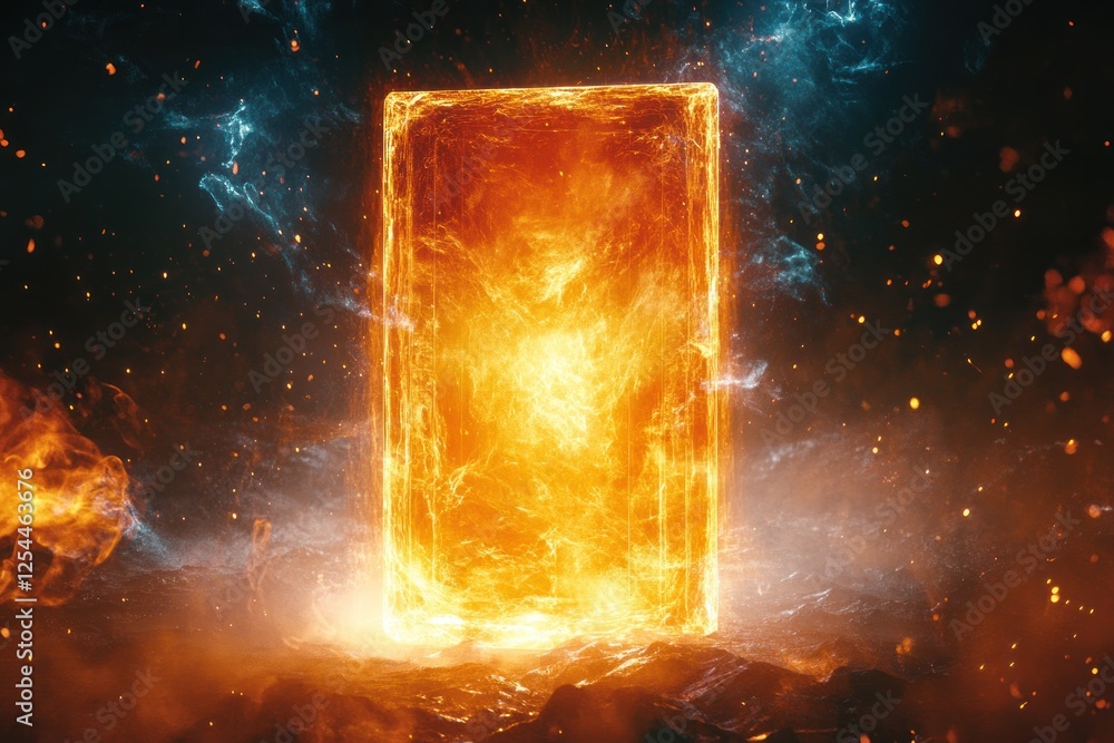 Fiery portal glowing, cosmic background, fantasy, game design Fiery portal glowing, cosmic background, fantasy, game design