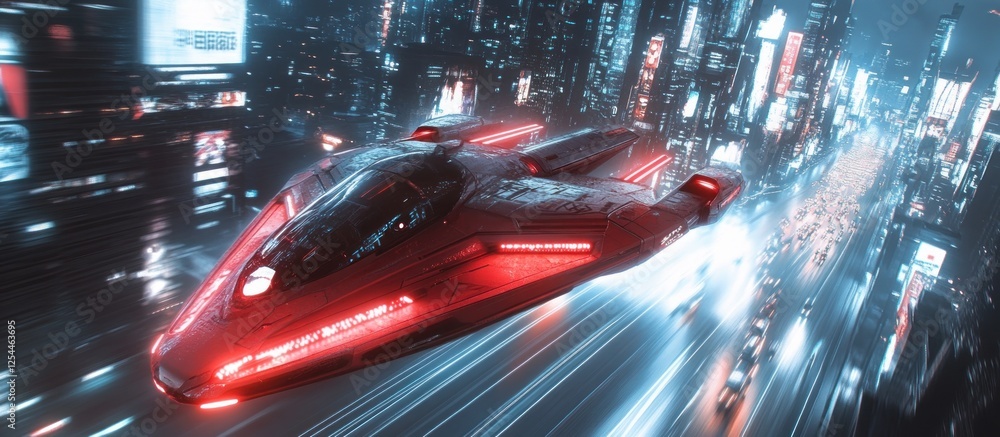 Futuristic red vehicle speeding through neon city at night Futuristic red vehicle speeding through neon city at night