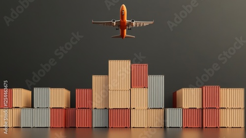 Modern transportation logistics, air freight plane taking off above an industrial cargo dock, smart trucking fleet in the foreground, business-friendly composition with copy space photo