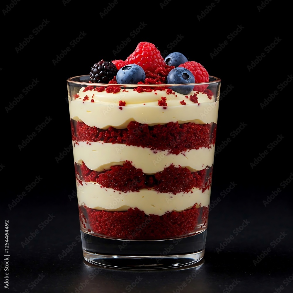hand holding a Red velvet parfait with layers of cake crumbs, cream cheese frosting, and fresh berries, in a clear glass. hand holding a Red velvet parfait with layers of cake crumbs, cream cheese frosting, and fresh berries, in a clear glass.