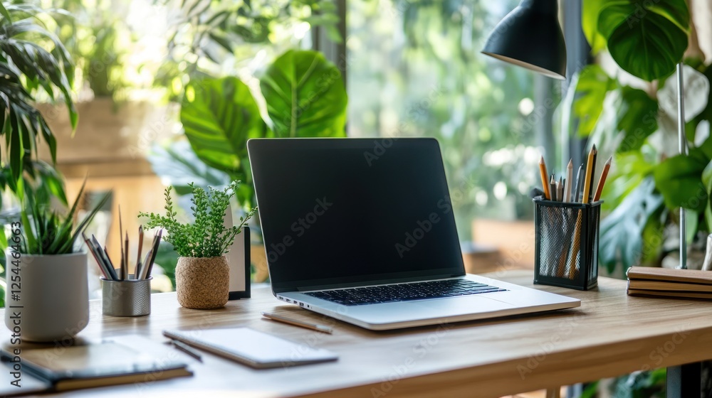 A laptop sits on a desk with a potted plant and a few pens and pencils A laptop sits on a desk with a potted plant and a few pens and pencils