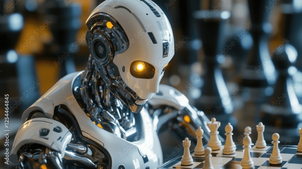 Fototapeta premium The Strategic Mind: A Futuristic Robot Masterfully Plays Chess