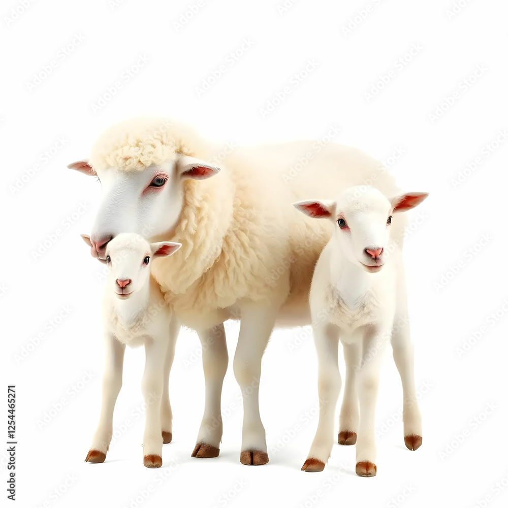 Fototapeta premium Mother sheep with its two baby sheep isolated on the white background