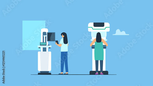 A woman is screened for breast cancer using mammography test accompanied by a doctor or general practitioner. A modern technologically advanced clinic or hospital with professional doctors.
