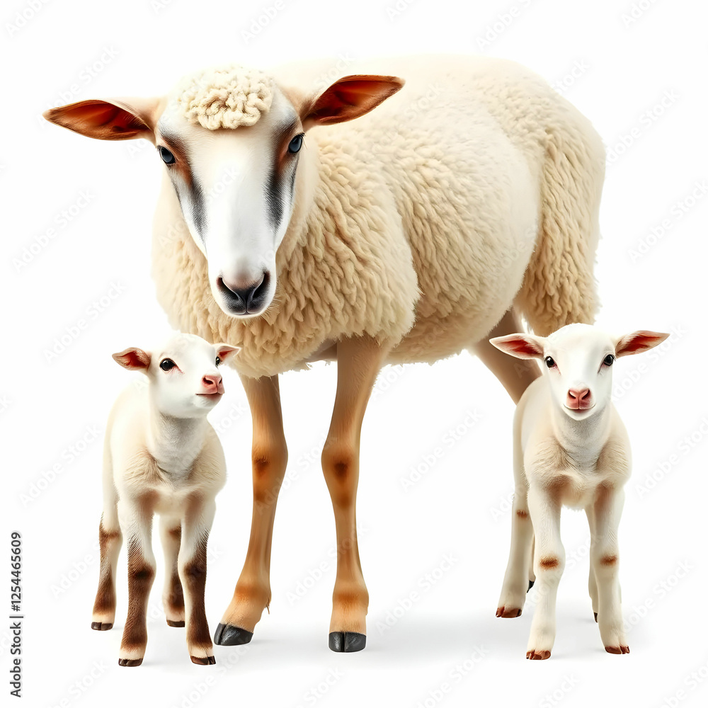 Fototapeta premium Mother sheep with its two baby sheep isolated on the white background