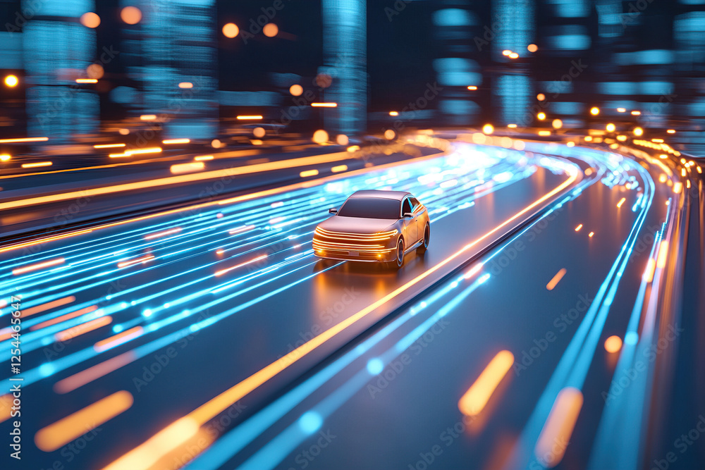 futuristic car speeds along glowing, high tech highway, surrounded by vibrant blue and orange light trails, symbolizing advanced technology and innovation in transportation futuristic car speeds along glowing, high tech highway, surrounded by vibrant blue and orange light trails, symbolizing advanced technology and innovation in transportation