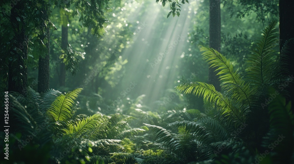 Obraz premium Sunbeams pierce lush forest, ferns foreground, misty background, nature scene