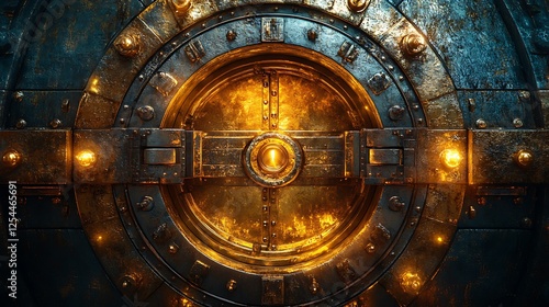 Detailed shot of an ornate vault door golden key inserted soft discount glow reflecting photo