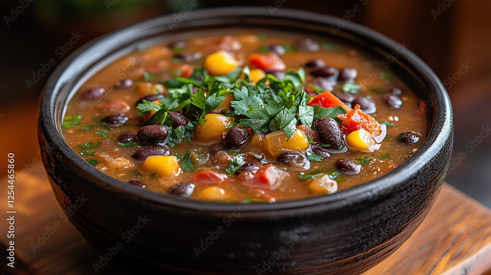 A vibrant and hearty bowl of black bean soup filled with colorful vegetables and topped with fresh cilantro. Perfect for a comforting meal any time of the year. A vibrant and hearty bowl of black bean soup filled with colorful vegetables and topped with fresh cilantro. Perfect for a comforting meal any time of the year.