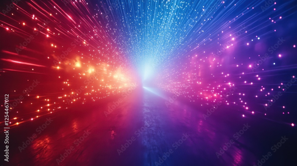 Fototapeta premium Neon light streaks converge, futuristic tunnel, vibrant background, digital art