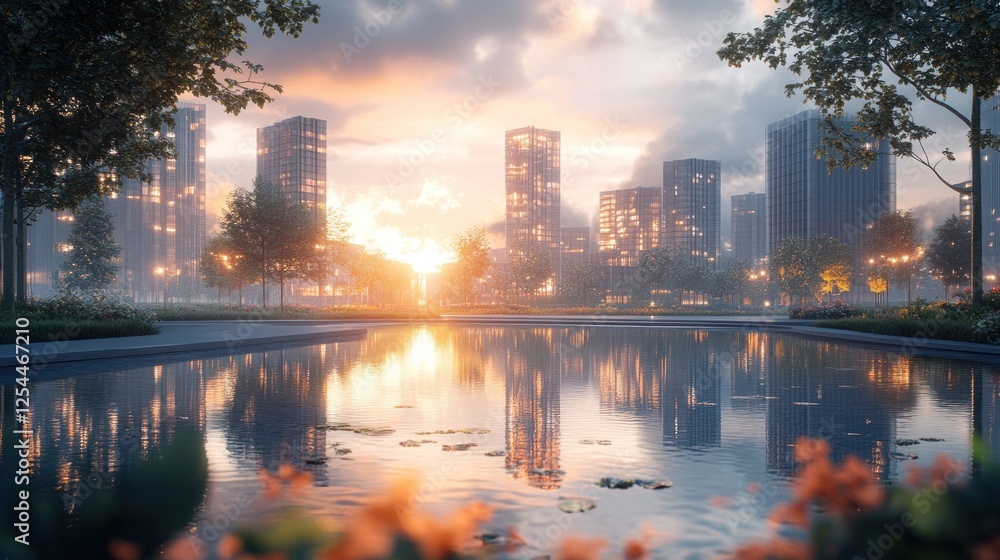 Fototapeta premium Sunset cityscape reflection, park pond, urban development, tranquil evening