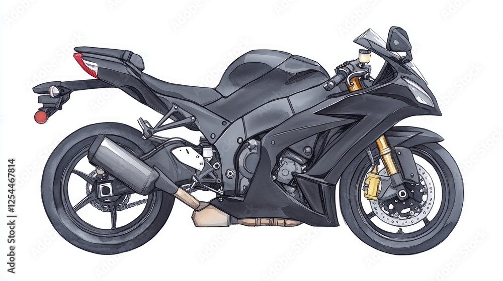 Sleek black sports motorcycle parked on a city street with urban scenery in the background Sleek black sports motorcycle parked on a city street with urban scenery in the background