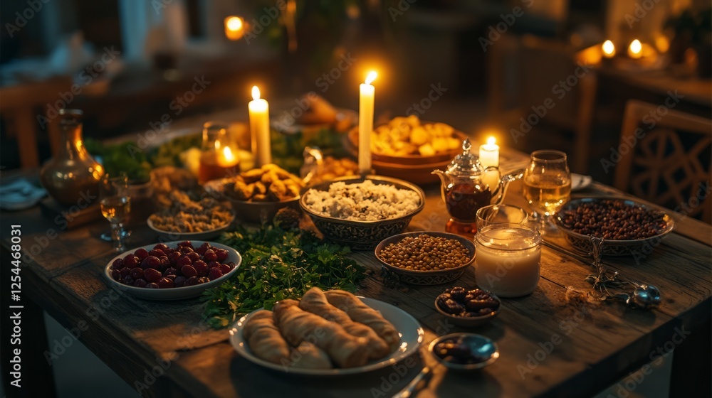 A cozy Ramadan table with a variety of dishes like stuffed grape leaves, lentil soup, and freshly baked bread, surrounded by tea glasses and dates, soft candlelight casting a warm glow A cozy Ramadan table with a variety of dishes like stuffed grape leaves, lentil soup, and freshly baked bread, surrounded by tea glasses and dates, soft candlelight casting a warm glow