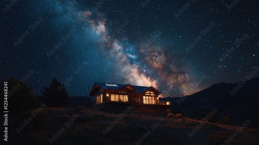 Fototapeta premium Mountain house, Milky Way, night sky, stars, calm
