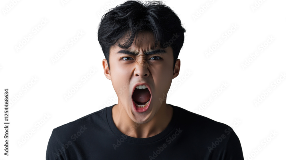 Young man shouting with transparent background: expressing anger and frustration Young man shouting with transparent background: expressing anger and frustration