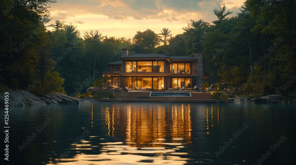 Obraz premium Lakeside luxury home twilight view, tranquil forest backdrop, real estate