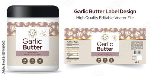 Garlic Butter Label Design, Salted butter dairy product label template design, Editable product label with mockup, packaging design layout, premium garlic butter label with icon graphic and pattern
