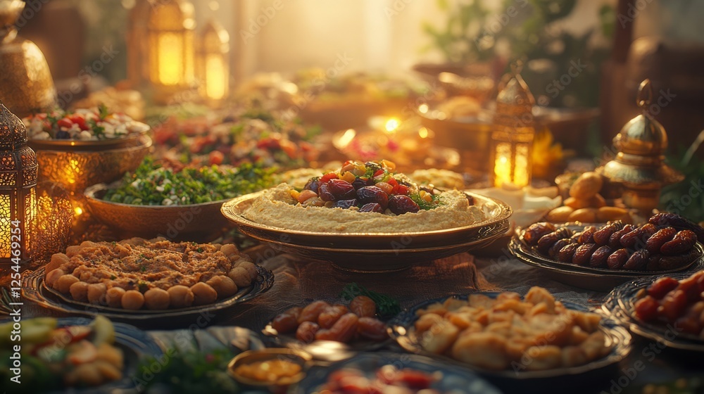A beautifully set Ramadan Iftar table with an array of traditional Middle Eastern dishes A beautifully set Ramadan Iftar table with an array of traditional Middle Eastern dishes