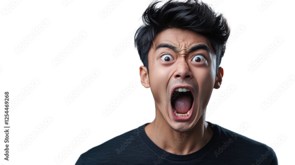Young man shouting with transparent background: fury and emotion expressed Young man shouting with transparent background: fury and emotion expressed