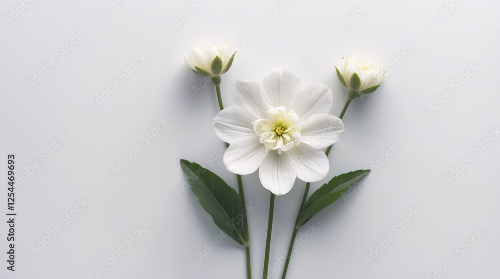 Fototapeta premium Fresh White Flowers with Stems Neatly Spread Across a Crisp White Background for a Minimalist and Elegant Look Floral Botanical Wallpaper Background