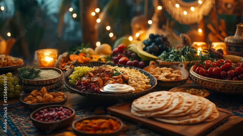 A beautifully arranged Ramadan Iftar spread featuring dishes like chicken curry, fresh fruit, pita bread, and yogurt, set against a softly lit dining area with Ramadan-themed decorations A beautifully arranged Ramadan Iftar spread featuring dishes like chicken curry, fresh fruit, pita bread, and yogurt, set against a softly lit dining area with Ramadan-themed decorations