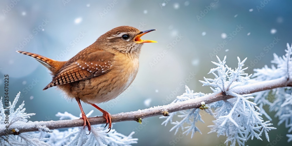 Fototapeta premium A winter wren perched on a frozen branch
