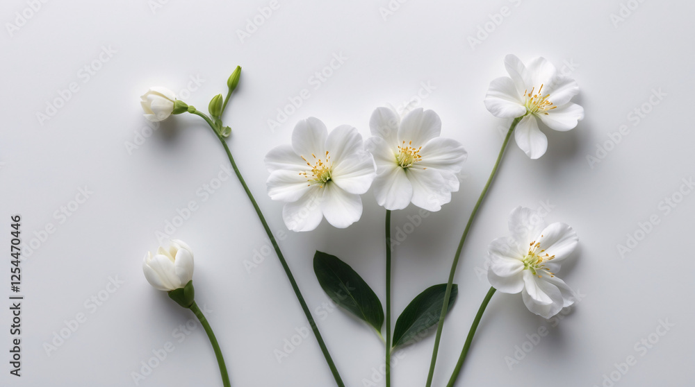 Obraz premium Fresh White Small Flowers with Stems Neatly Spread on a Pristine White Surface for a Simple and Subtle Look Floral Botanical Wallpaper Background