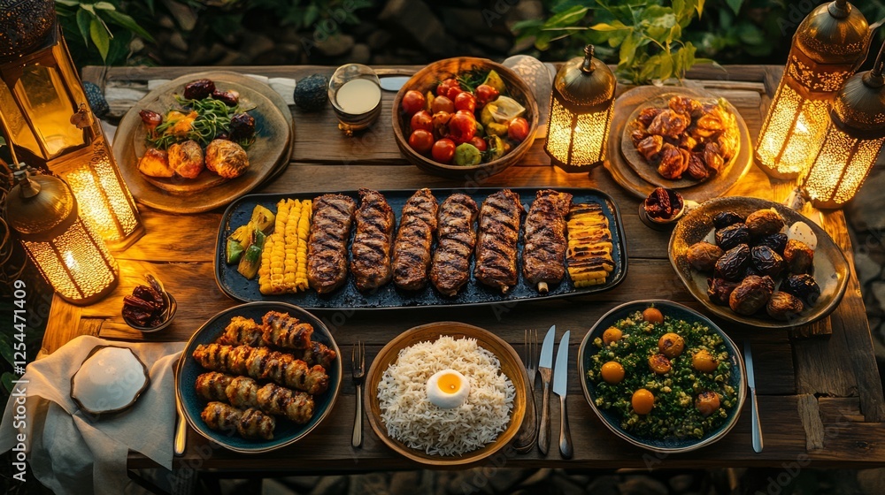 A well-lit Ramadan dinner table featuring platters of grilled meats, stuffed vegetables, rice, dates, and fresh fruit, with decorative lanterns and soft ambient lighting A well-lit Ramadan dinner table featuring platters of grilled meats, stuffed vegetables, rice, dates, and fresh fruit, with decorative lanterns and soft ambient lighting