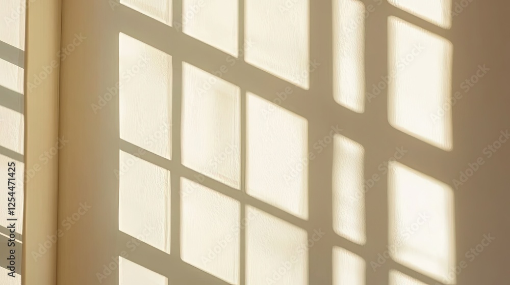 Soft sunlight casting intricate shadow patterns on a wall, creating a serene atmosphere indoors Soft sunlight casting intricate shadow patterns on a wall, creating a serene atmosphere indoors
