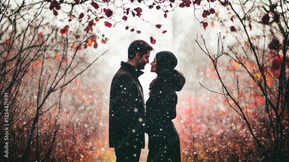 Couple embracing snowy autumn woods, romance, winter love Couple embracing snowy autumn woods, romance, winter love