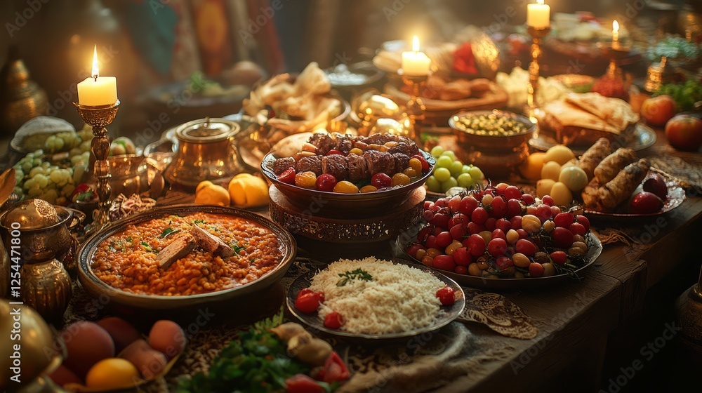 A richly decorated Ramadan table with a variety of dishes, including lentil soup, rice pilaf, lamb kebabs, fresh fruits, and desserts like baklava