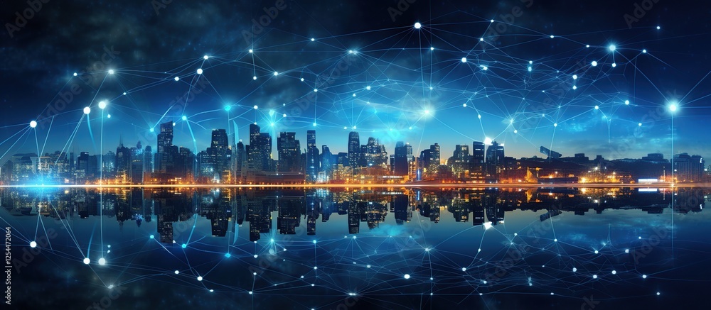 Fototapeta premium Smart city and abstract blue polygon lines connection technology. AI generated image