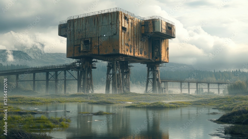 Rusty platform, mountainous landscape, foggy marsh, abandoned, dystopian concept art Rusty platform, mountainous landscape, foggy marsh, abandoned, dystopian concept art