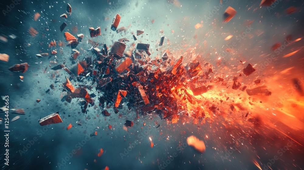 Fiery rock explosion, cosmic background, destruction, abstract art Fiery rock explosion, cosmic background, destruction, abstract art