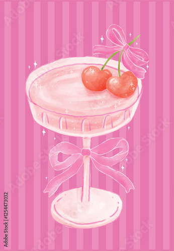 Coquette Pink Martini Glass with Pink Bow and Heart Cherries Watercolor