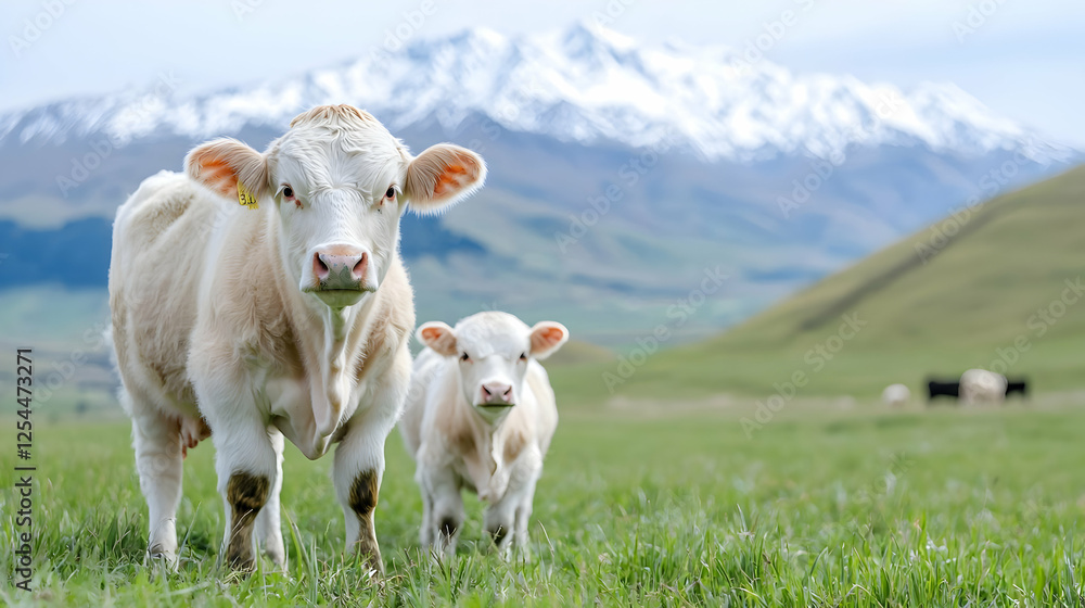 Fototapeta premium Cow and Calf in Mountain Pasture