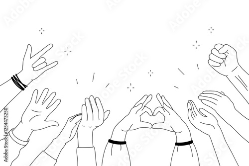Applause hands set in doodle style. Human hands sketch, with arms raised in gestures like clapping and making heart shapes, on a white background. Vector illustration for celebratory themes
