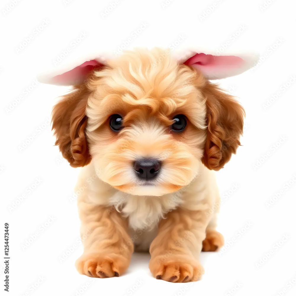 Adorable little poodle with cute bunny ears isolated on the white background