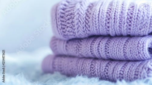 Stack of purple knitted sweaters on soft surface