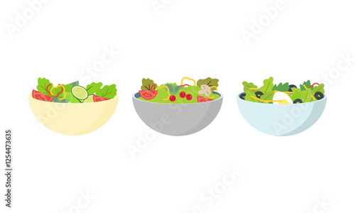 Flat vector set of vegetables and fruit salads. Consuming dishes from fresh products