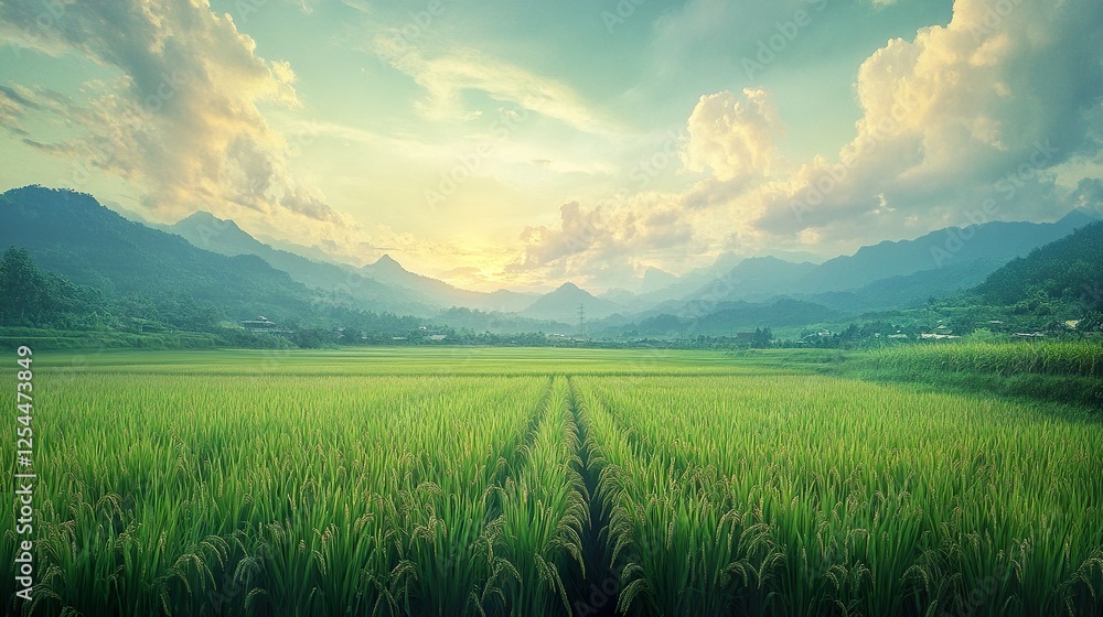 Obraz premium Serene Rice Paddies Underneath Majestic Mountains at Sunset