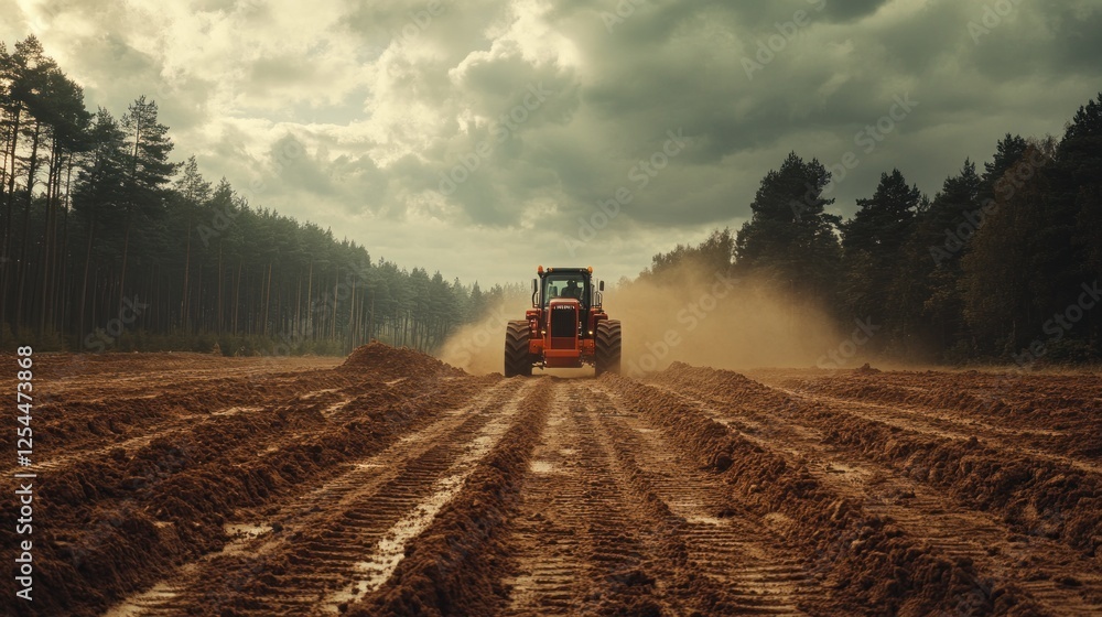 Fototapeta premium Tractor plowing field, forest background, agriculture, stormy sky