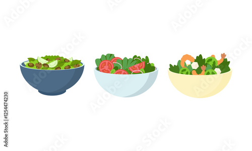 Flat vector set of vegetables and fruit salads. Consuming dishes from fresh products