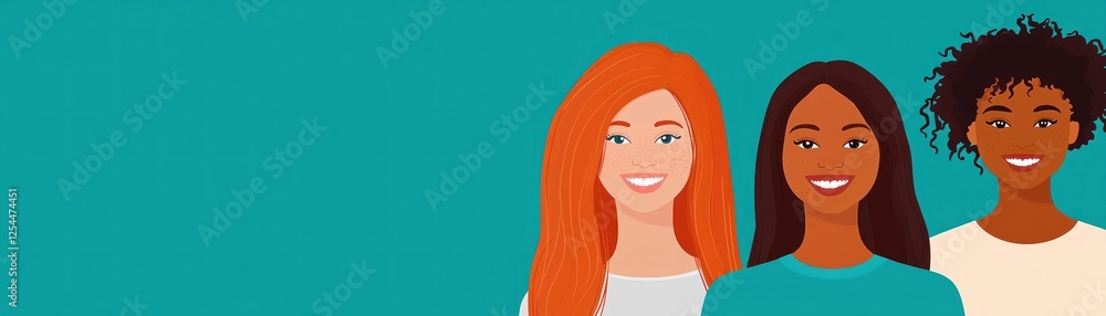 Diverse women smiling, teal background, teamwork, diversity concept Diverse women smiling, teal background, teamwork, diversity concept