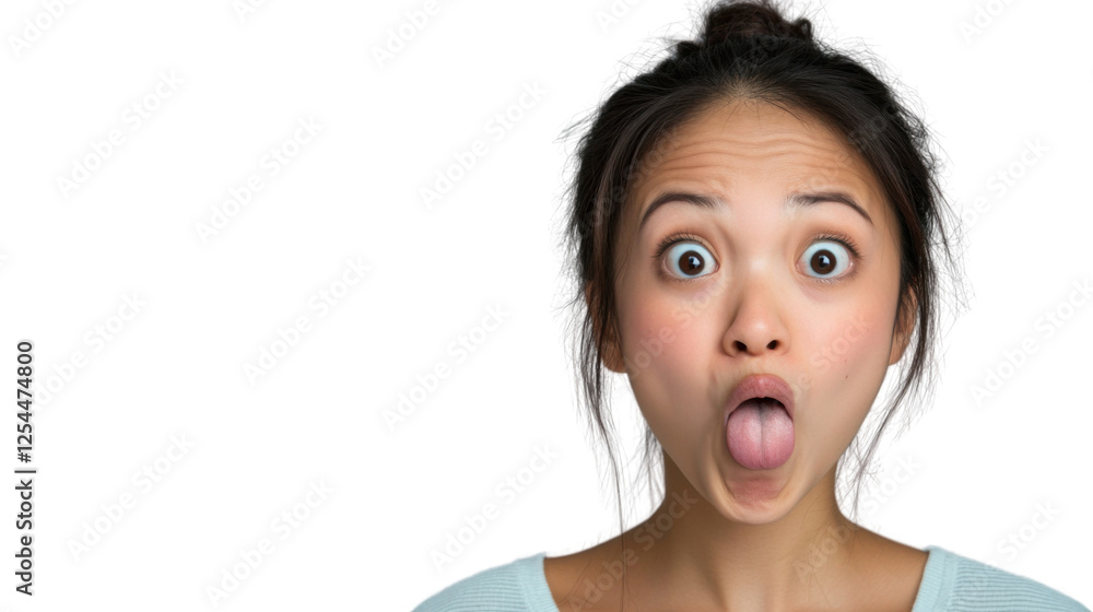 Young woman showing tongue and making grimace on transparent background Young woman showing tongue and making grimace on transparent background